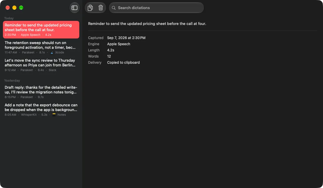 Stenobar Dictation History window listing recent dictations with their engine and duration