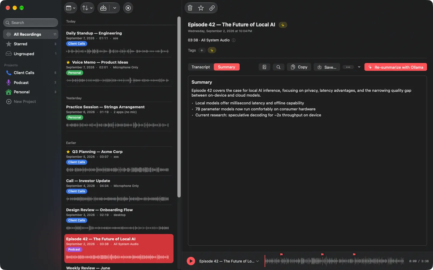 Stenobar Recordings window on the Summary tab, showing a three-bullet summary of a podcast episode