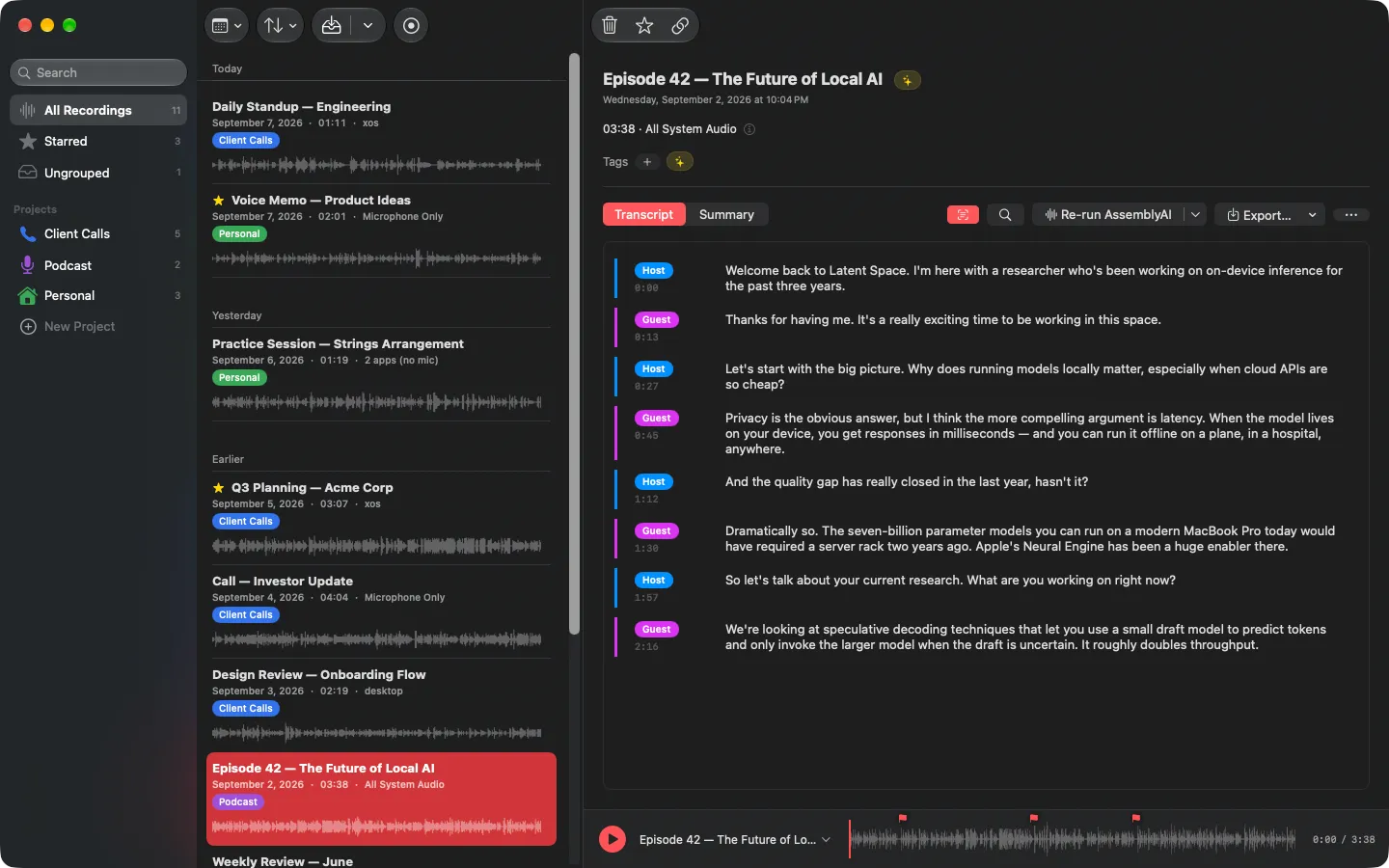Stenobar Recordings window showing a podcast transcript with Host and Guest speaker labels, timestamps, and a waveform scrubber with markers
