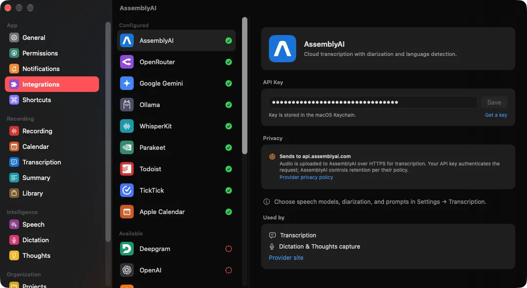 Stenobar Integrations settings listing configured providers and the AssemblyAI privacy disclosure