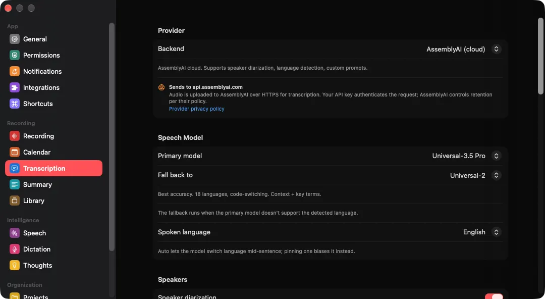 Stenobar Transcription settings showing the AssemblyAI provider with a disclosure of exactly what is sent to api.assemblyai.com