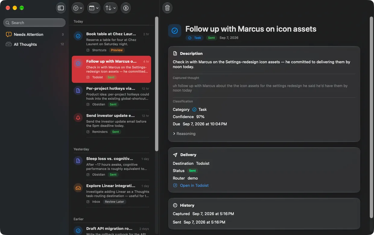 Stenobar Thoughts window showing a captured task routed to Todoist with its classification and delivery status